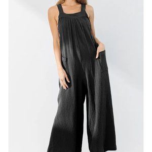 Black Cotton Gauze Wide Leg Jumpsuit